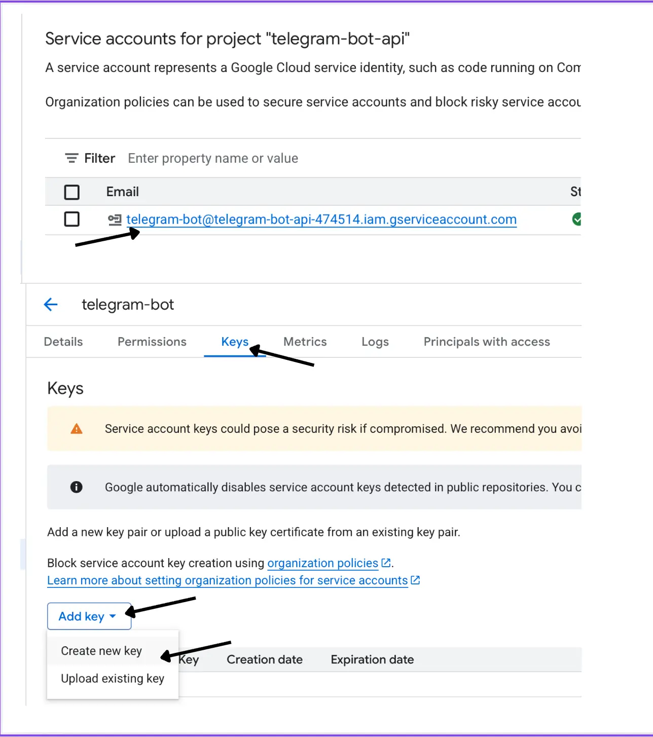 Вкладка Keys сервісного акаунта